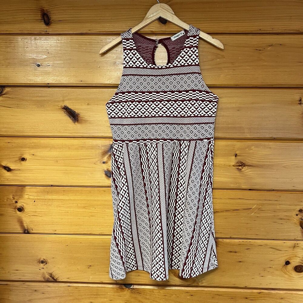 Ginger G Sleeveless Midi Dress Maroon and White Aztec Print Women's Medium Aline - Picture 1 of 5